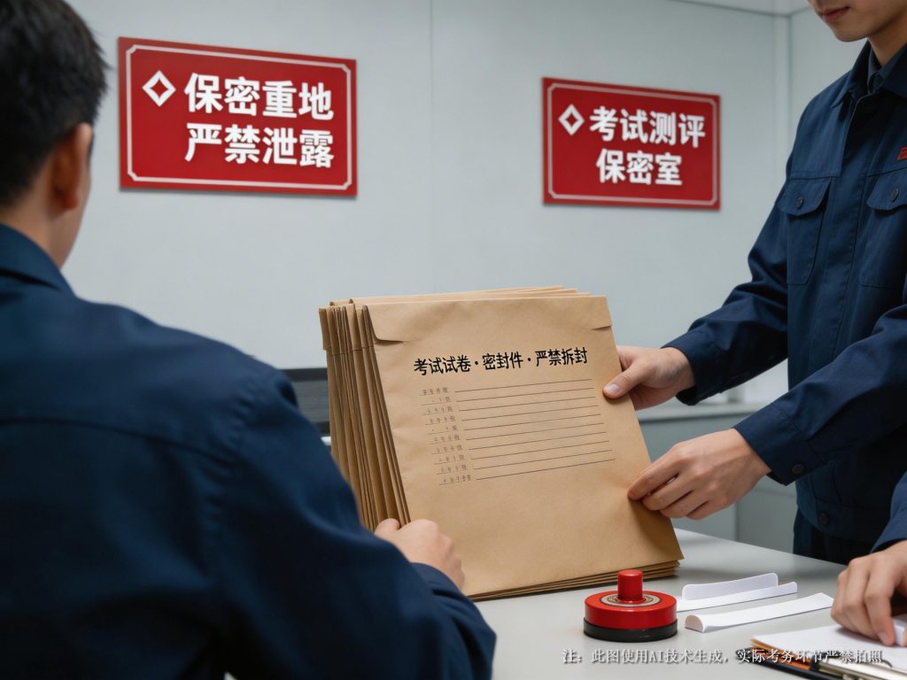 jimeng 2026 03 26 9113 专业化考试测评运营团队，无人物面孔，上半身特写，团队成员整理密封考试材料，保密室...